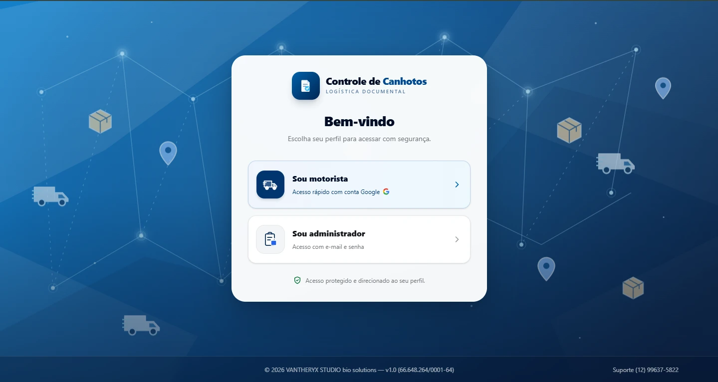 Tela de acesso do Controle de Canhotos com perfis de motorista e administrador