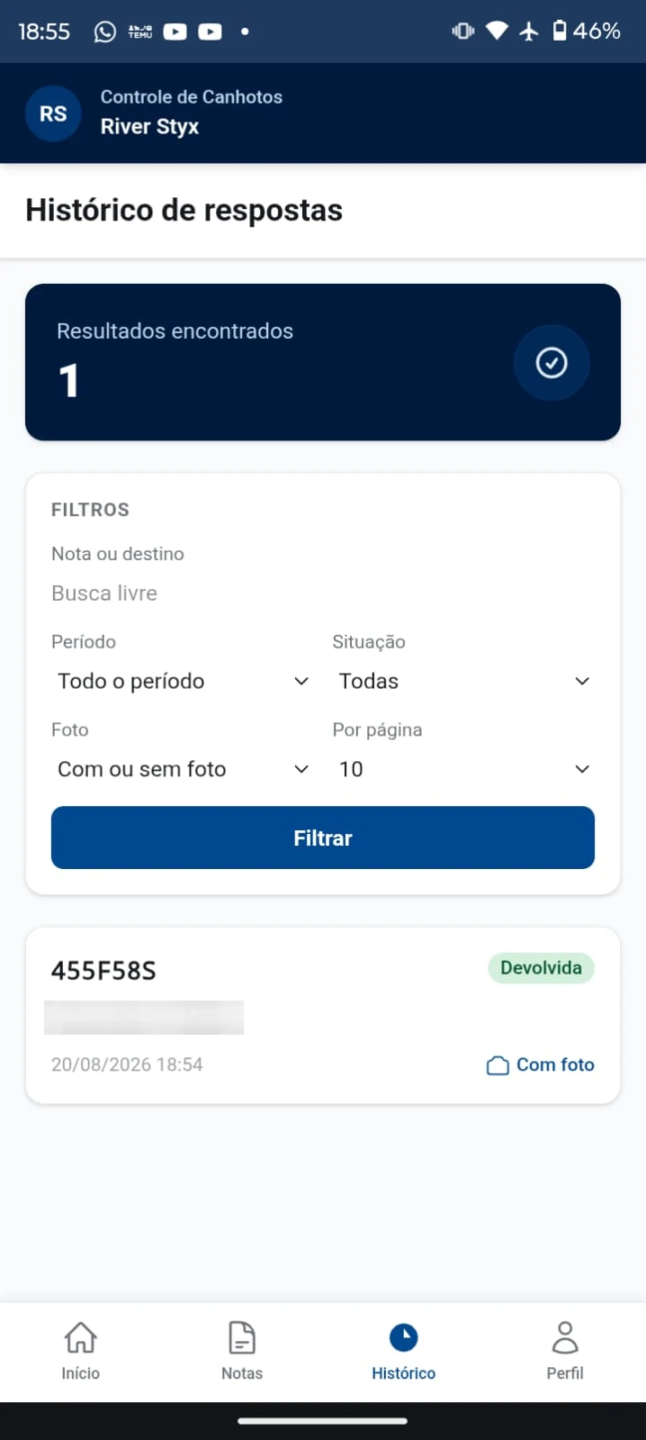Tela de Histórico de Notas