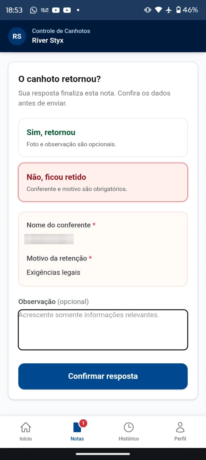 Tela de Nota Retida